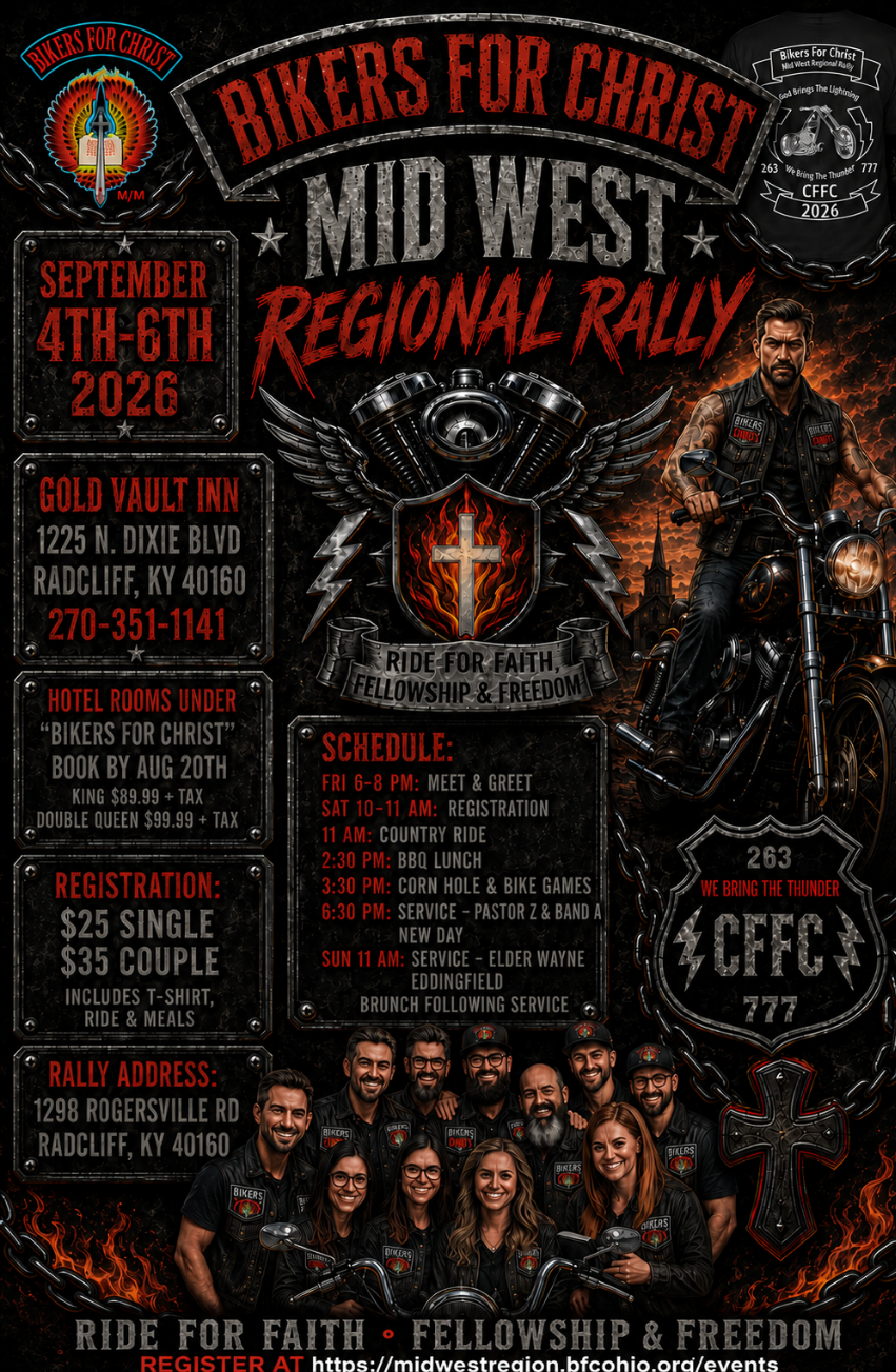 2026 Bikers For Christ Midwest Regional Rally flyer, September 4 to 6, 2026